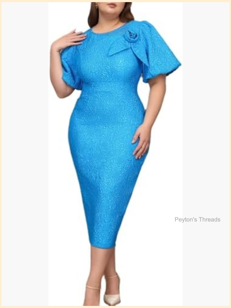 Jacquard Floral Bodycon Midi Dress With Asymmetric Neck And Puff Sleeves